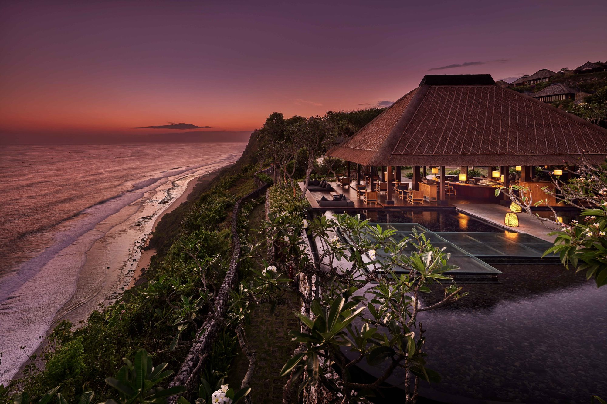 Bulgari Resort Bali — the clifftop restaurant pavilion at dusk · Uluwatu, Indonesia