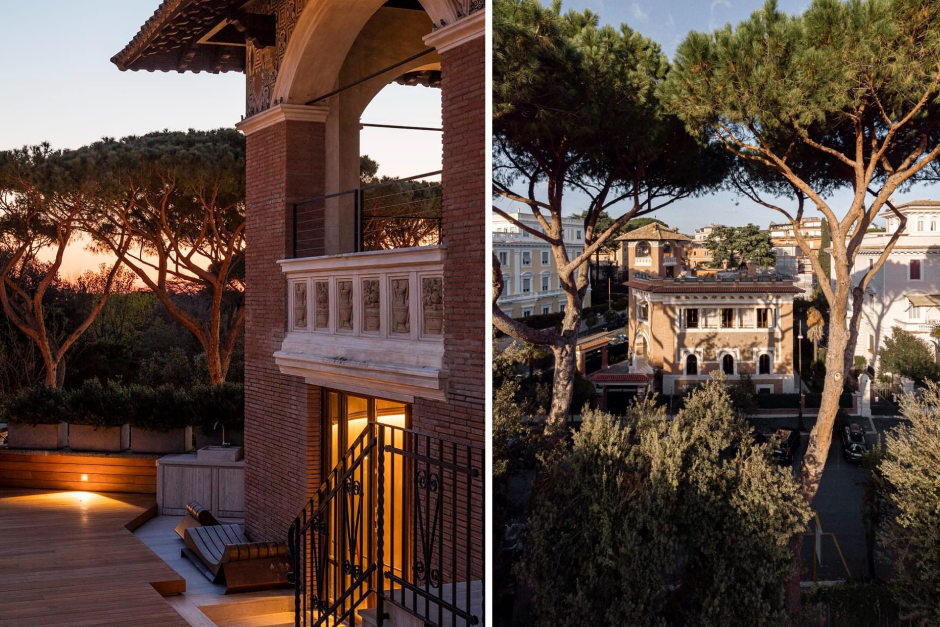 Villa Clara — the villa's balconies and the umbrella pines around it at sunset · Rome, Italy