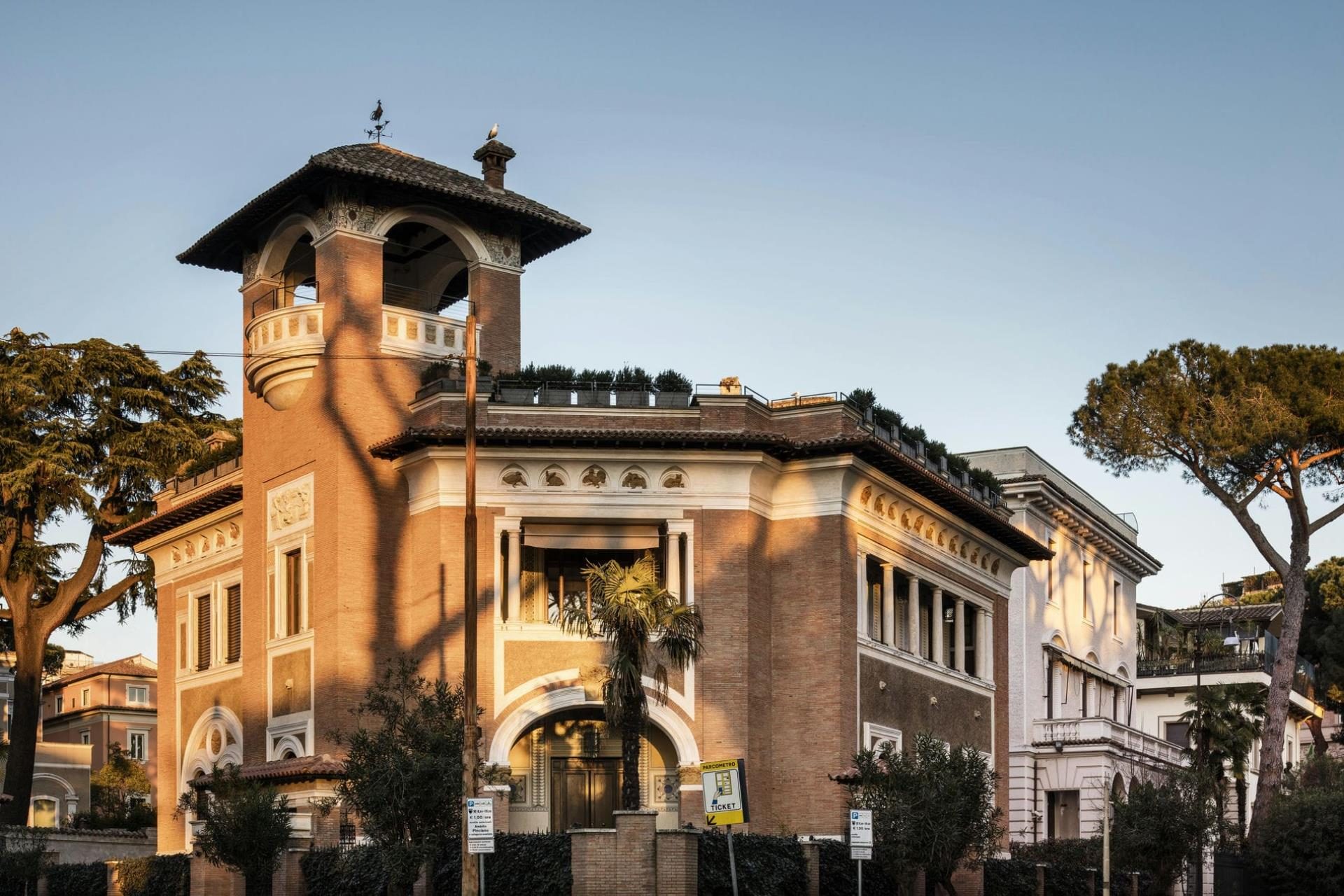 Villa Clara — the villa's tower and façade among the pines · Rome, Italy