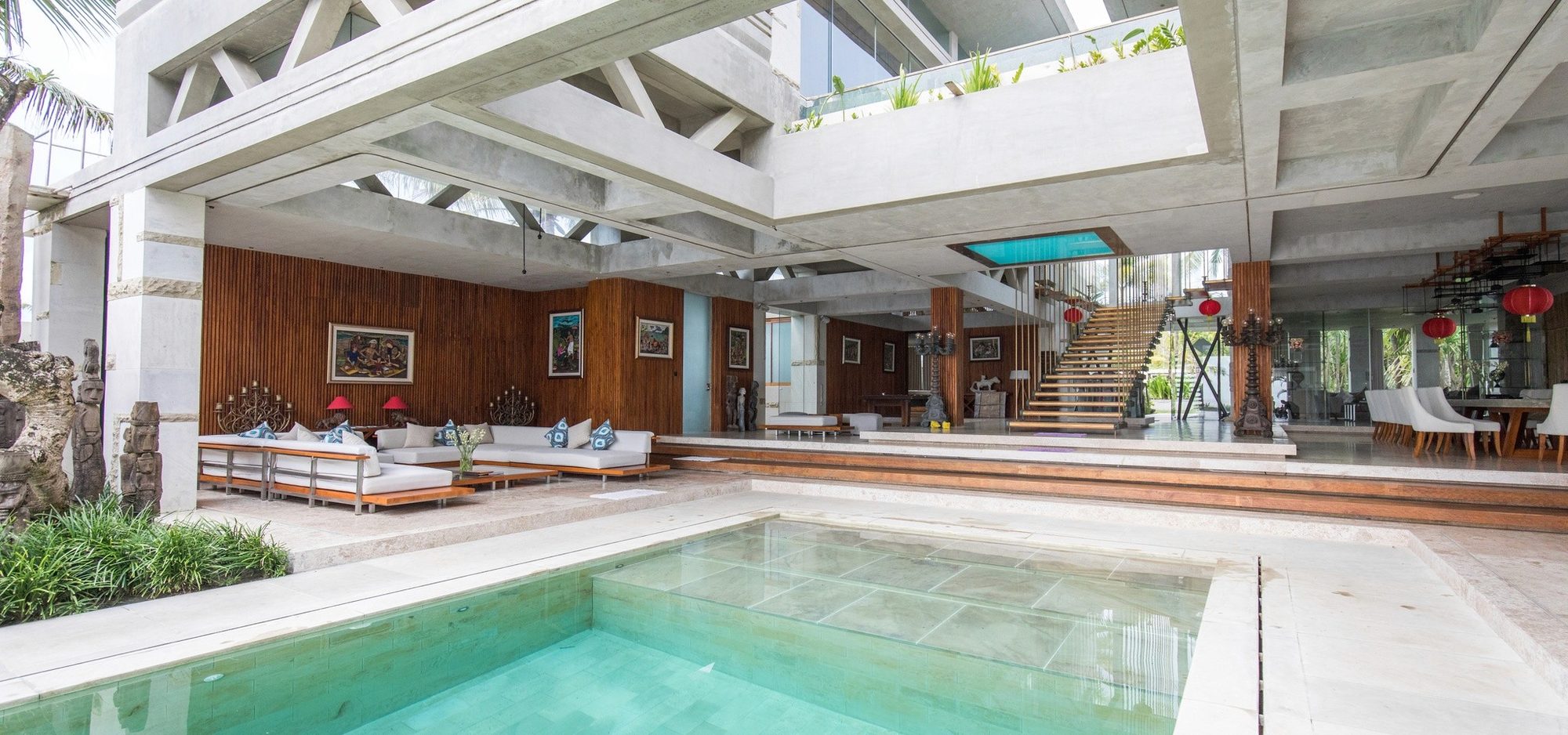 Villa Vedas — the open living pavilion beside a plunge pool · Bali, Indonesia